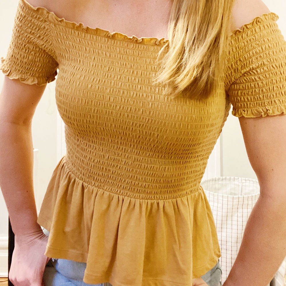 AEO Mustard Yellow Smocked Off Shoulder Top Small